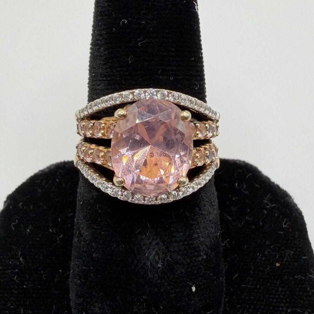 925 Sterling Silver Pink Faceted Cocktail Ring CZ Accents Size 6.75 Statement